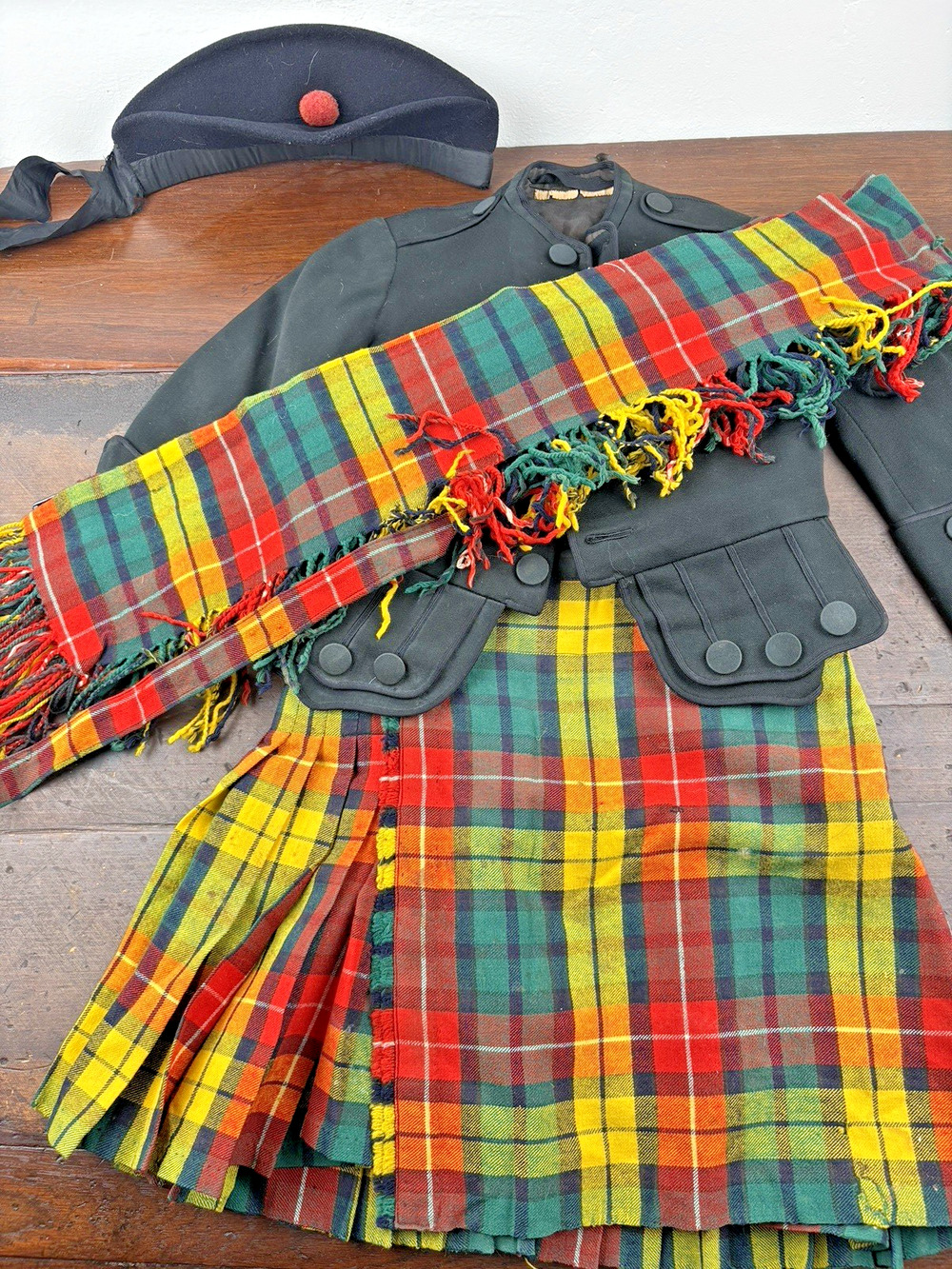 Vintage Scottish Pleated Highland Kids Drum Attire Jacket Buchanan Tartan Kilt